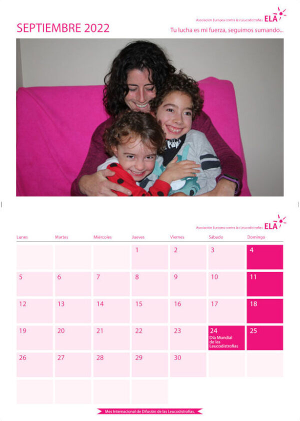 Calendario solidario de pared de ELA España, Asociación contra las Leucodistrofias. diseño interior