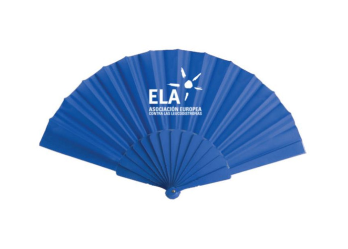 Abanico de plástico y tela con logo ELA en diferentes colores
